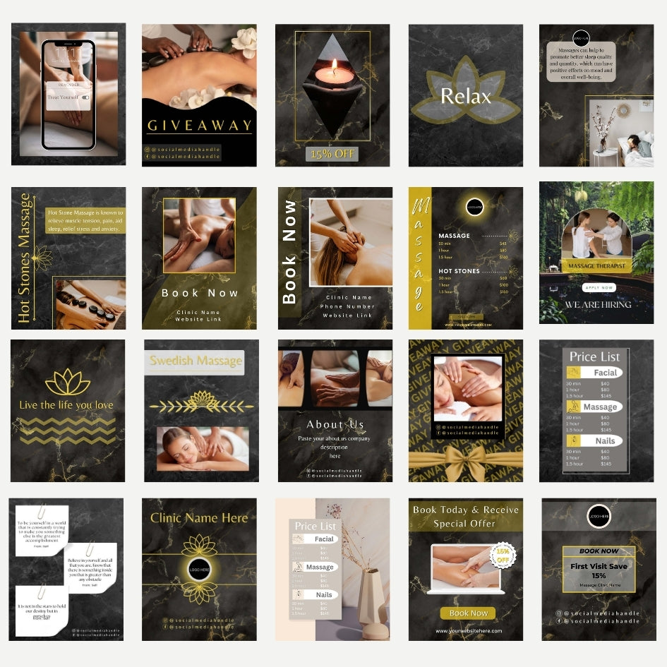 EHW simple, downloadable, virtual 30 Dark HQ Massage Therapist Social Media Post Templates I Massage Instagram Template I Spa Instagram Template I Clinic Instagram Template