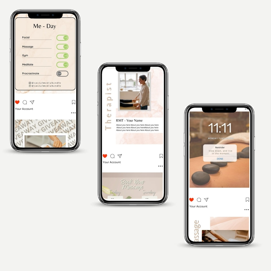 EHW simple, downloadable, virtual 30 Light HQ Massage Therapist Social Media Post Templates I Massage Instagram Template I Spa Instagram Template I Clinic Instagram Template