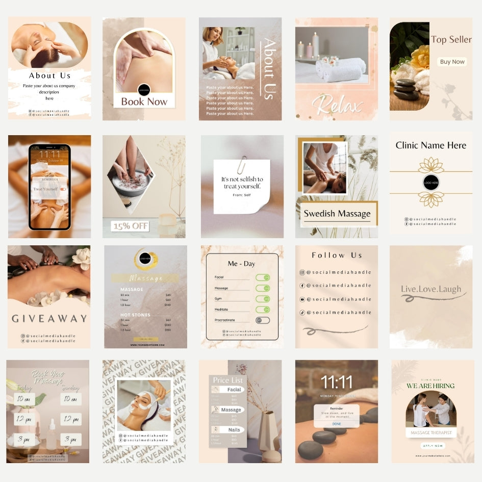 EHW simple, downloadable, virtual 30 Light HQ Massage Therapist Social Media Post Templates I Massage Instagram Template I Spa Instagram Template I Clinic Instagram Template