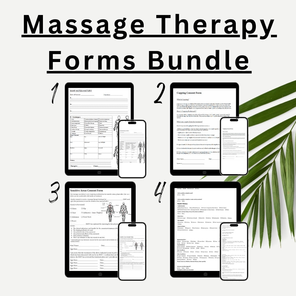 EHW simple, downloadable, virtual Massage Therapy Forms Bundle  - SOAP Notes, Sensitive Areas Consent Form, Cupping Form, Intake Form + Free PDF Fillable Files