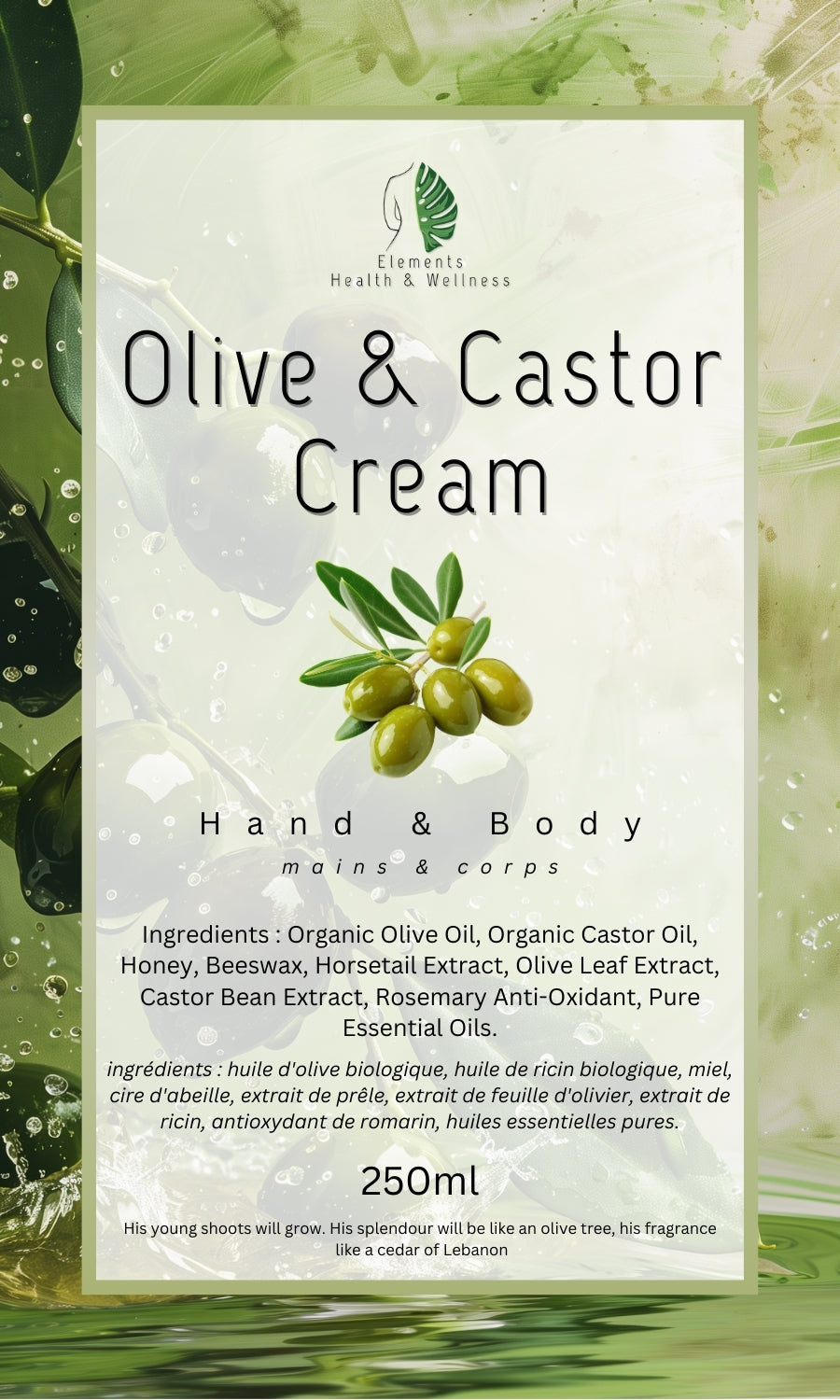 Elements Health & Wellness Natural Face, Body & Hand Cream Olive & Castor Oil Hand & Body Lotion
