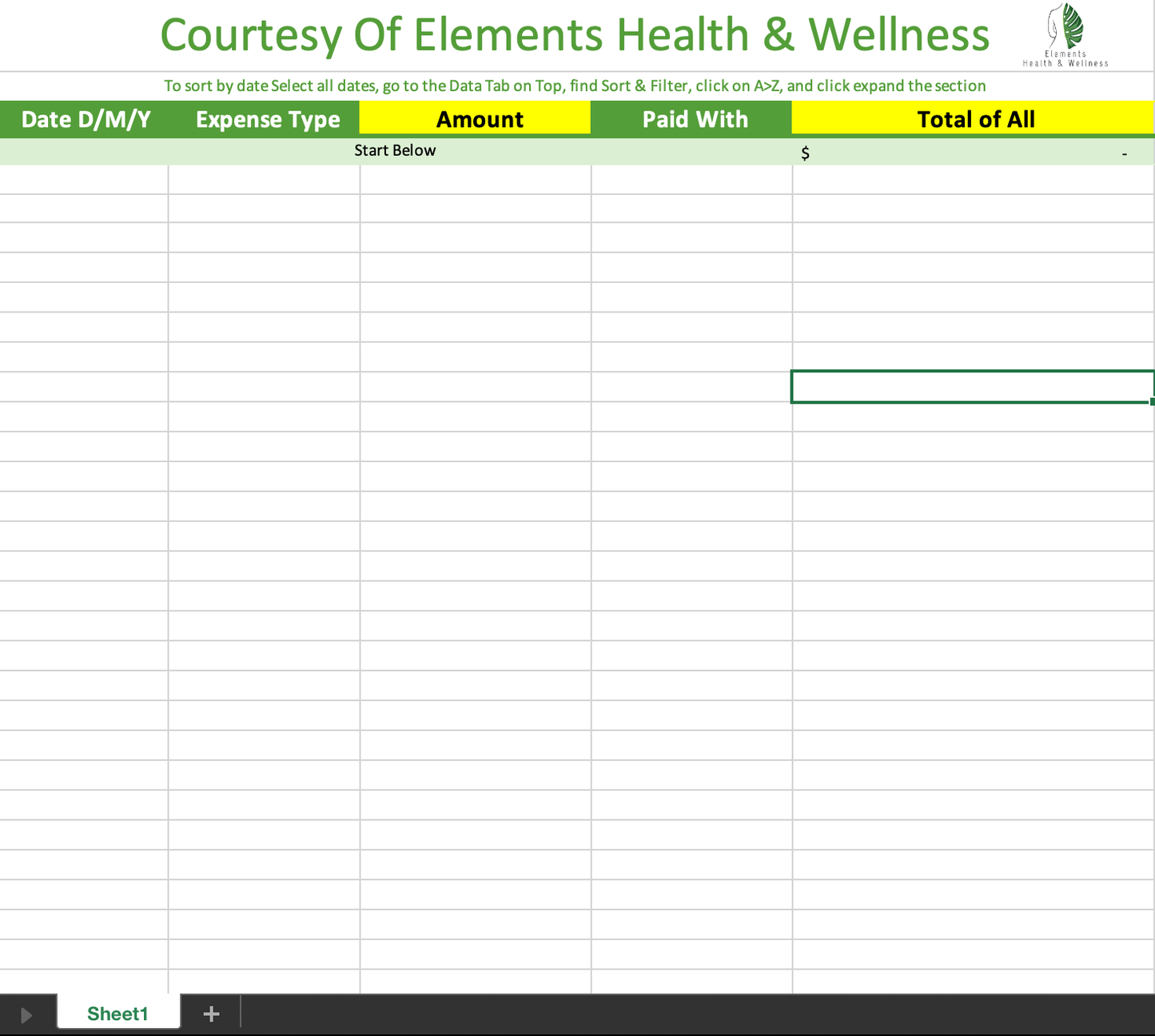 Elements Health & Wellness PDF Free Business Expense Tracker