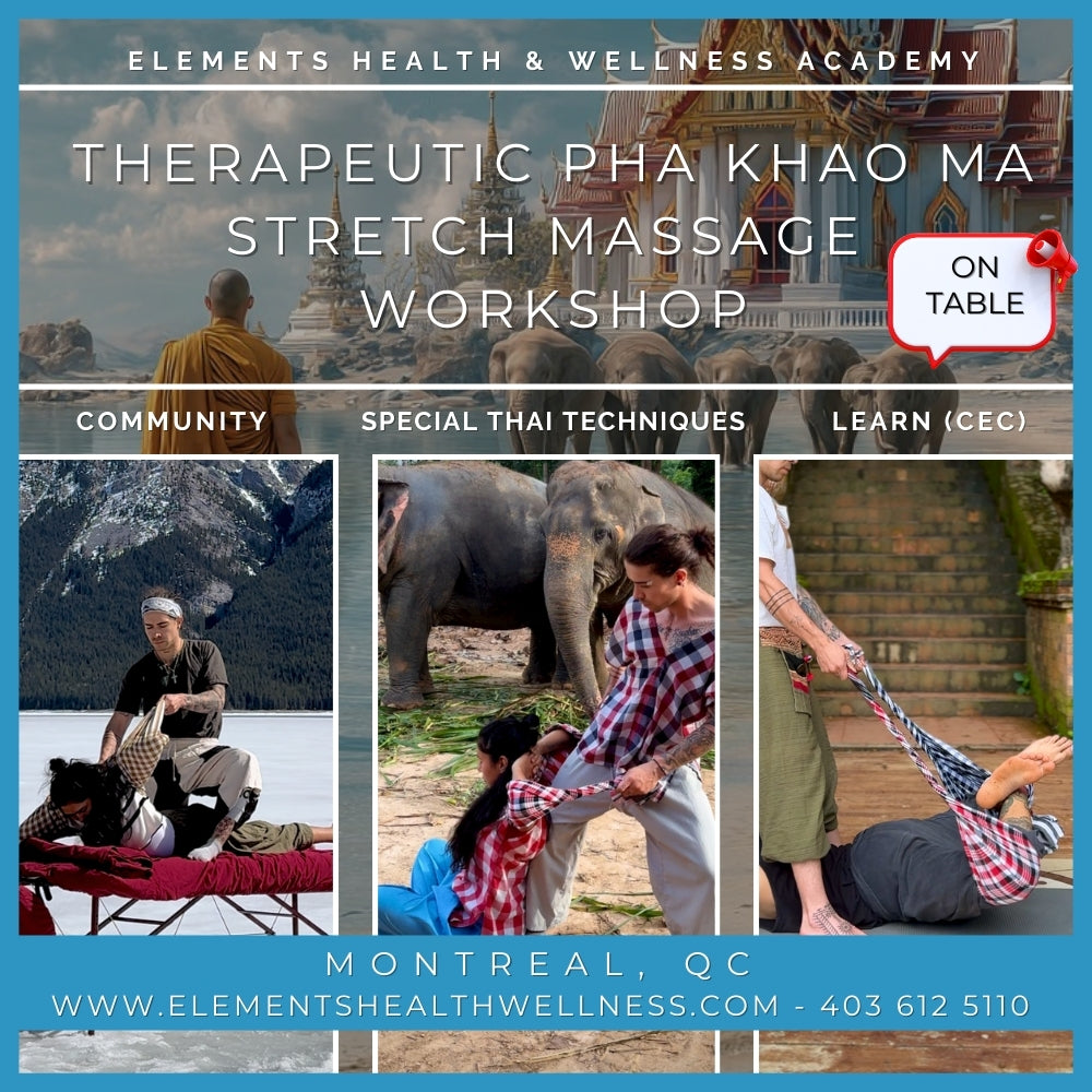 Elements Health & Wellness Pha Khao Ma Massage Workshop Montreal, QC Therapeutic Pha Khao Ma Stretch Massage In Person Workshop TABLE* -  May 16 & 17 2026
